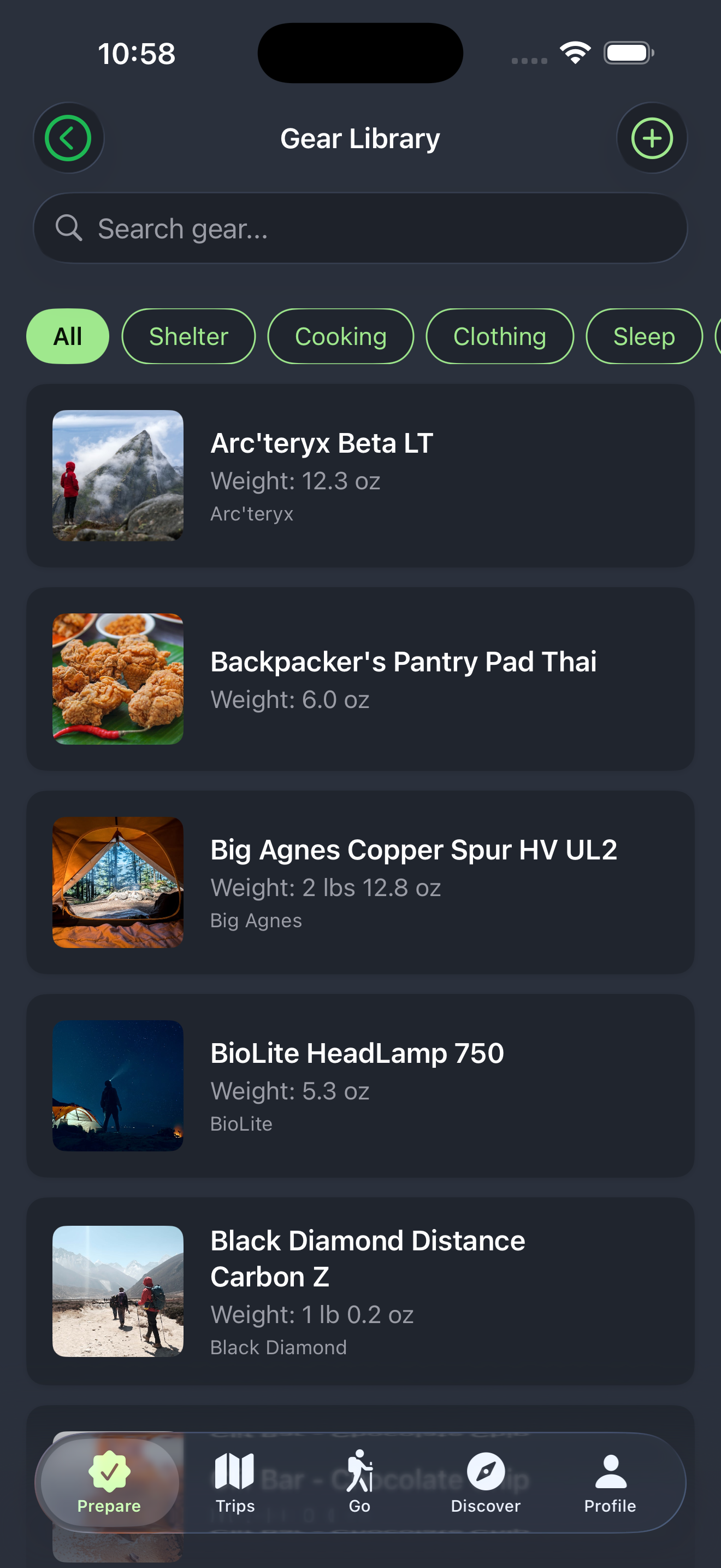 Gear catalog with categories, images, and weights