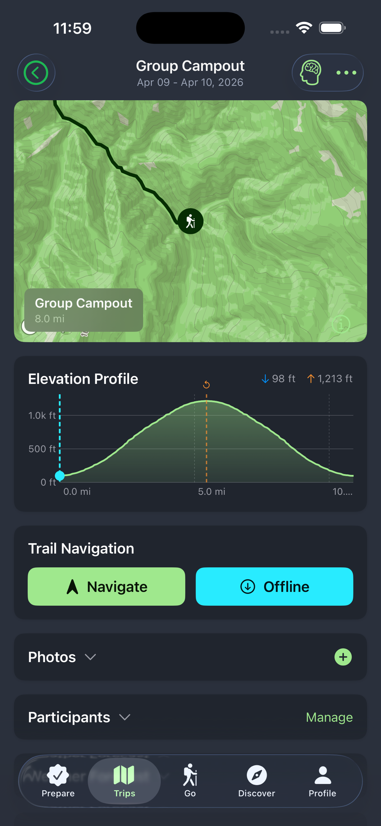 Trip detail with route map and elevation profile