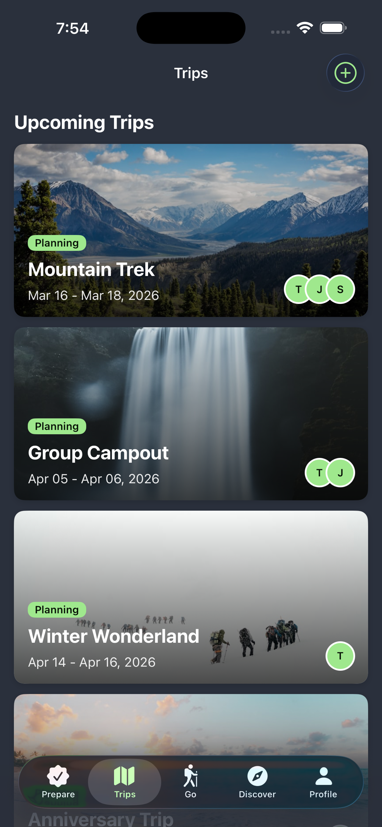 Upcoming trips list with cover photos